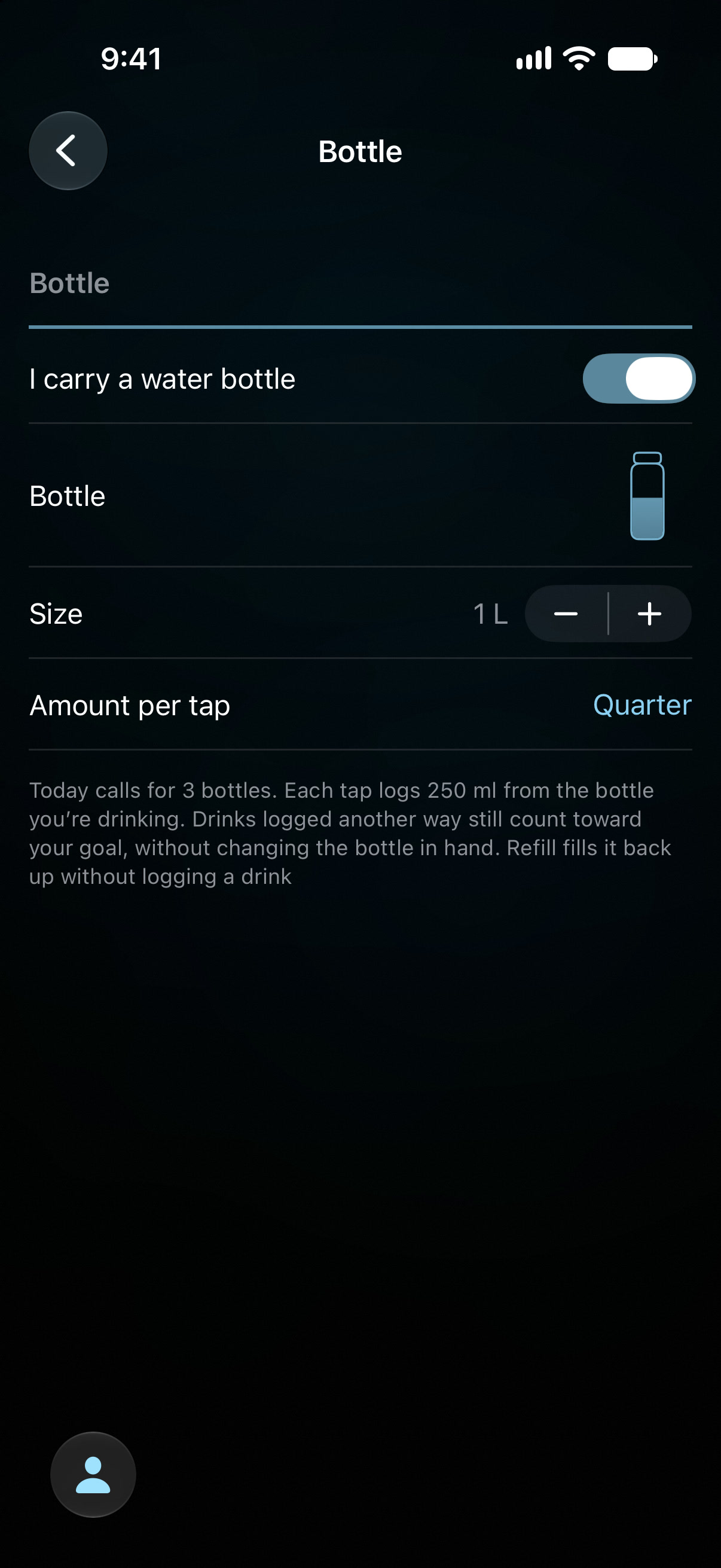 Bottle settings: size, amount per tap, bottles per day